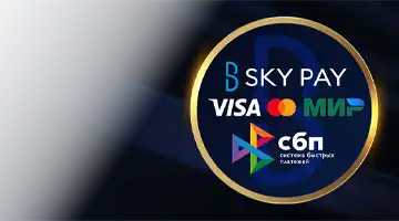 Изображение популярных платежных логотипов, таких как Visa, Mastercard и МИР, а также Sky Pay, подчеркивающее гибкость платежей в Игорный дом Enomo интернет-казино.